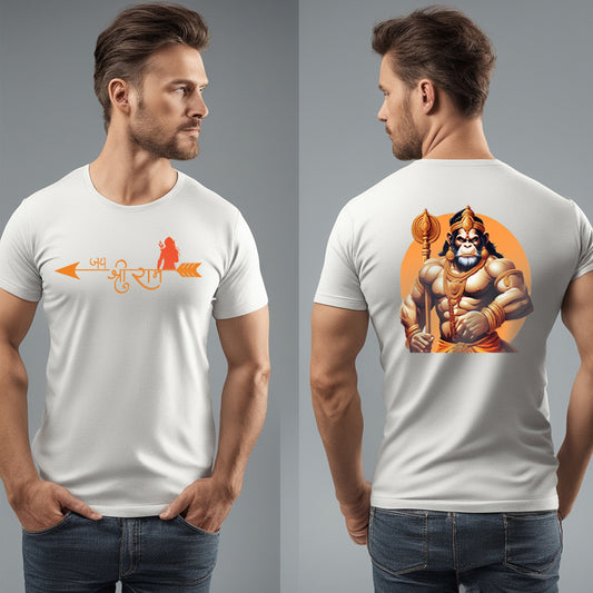 Rudra Hanuman Ji Front & Back Printed T-Shirt , Black & White Color, 100% Soft Cotton