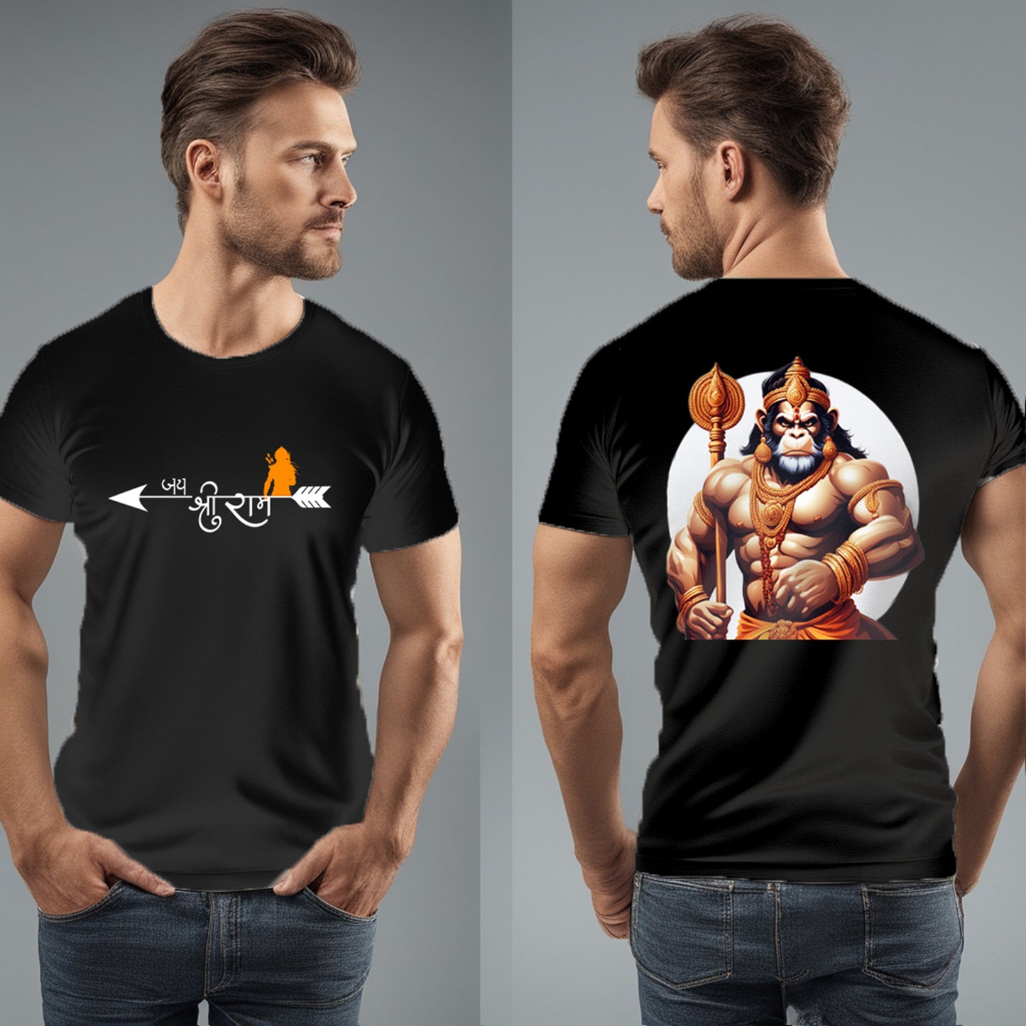 Rudra Hanuman Ji Front & Back Printed T-Shirt , Black & White Color, 100% Soft Cotton